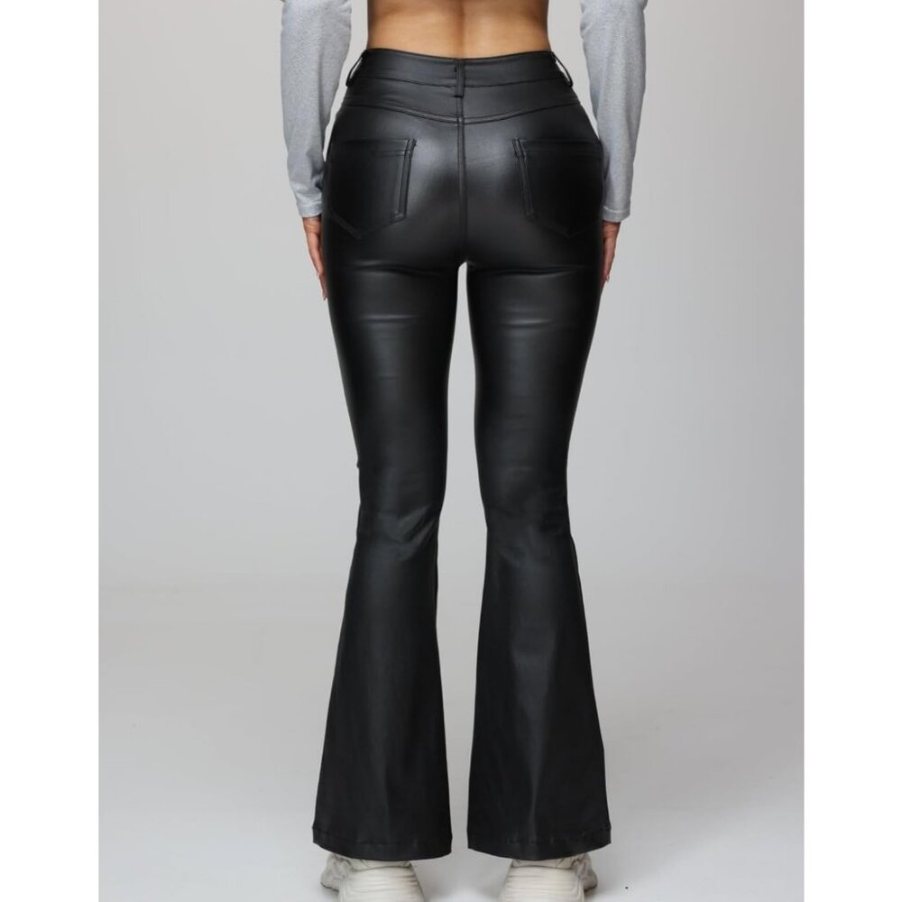 Women's 1 Black Cozy Faux Leather Flare Bell Bottom Sexy Legging Zipper Pants - Picture 4 of 7